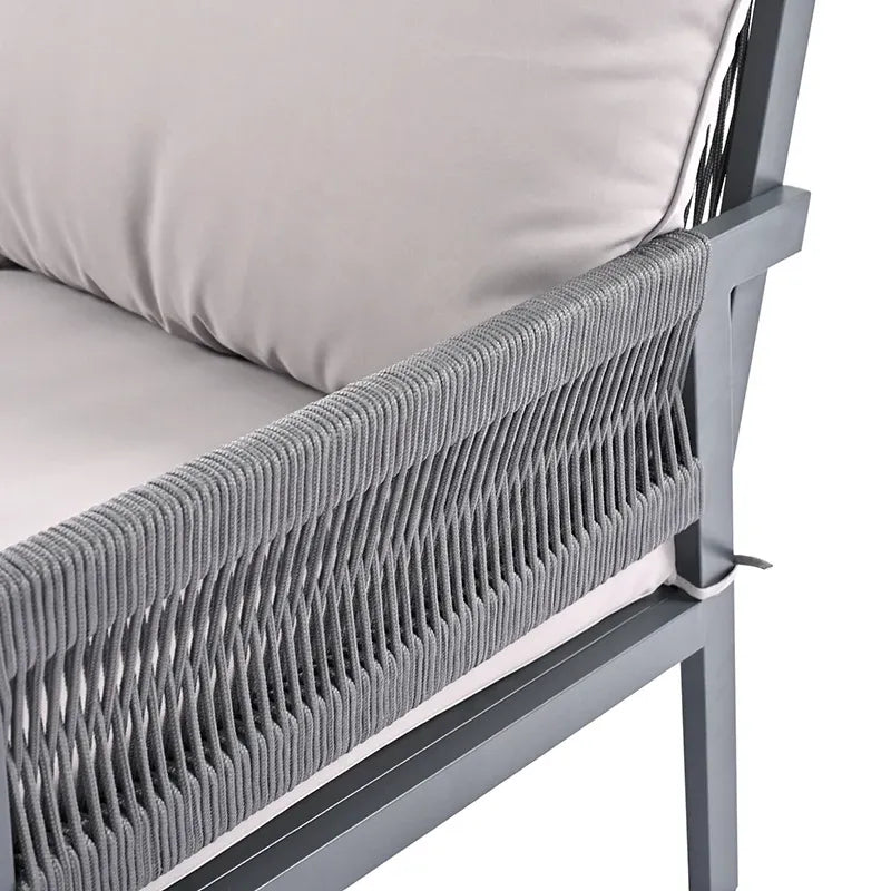 Grey 4-Piece Woven Rope Outdoor Lounge Set with Tempered Glass Coffee Table