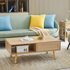 Modern Rectangular Natural Rattan Coffee Table with Sliding Door & Open Shelf