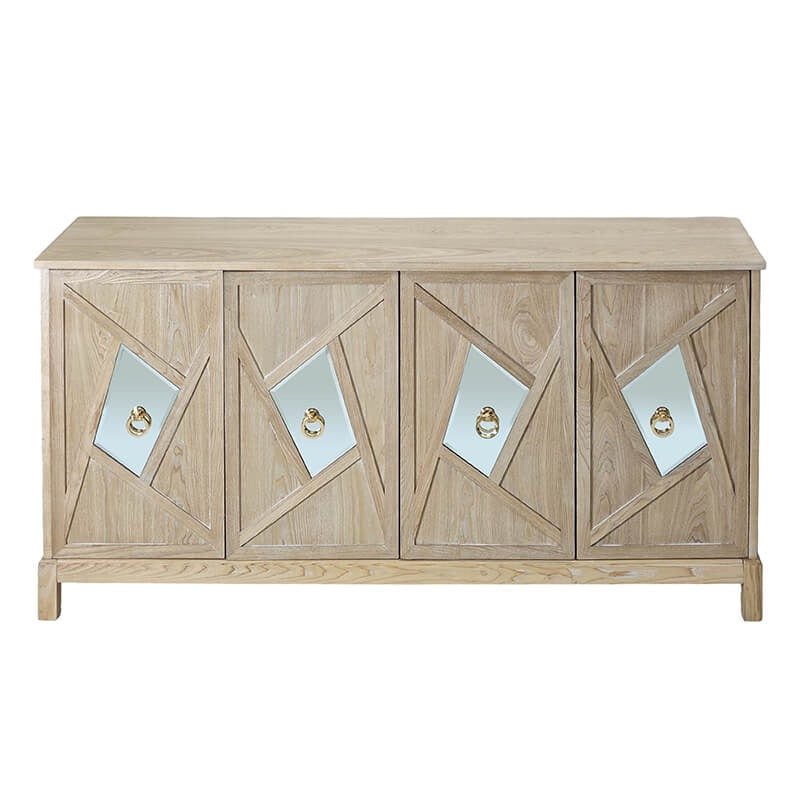Modern 4-Door Storage Cabinet with Mirrored Decorative Doors & Shelves