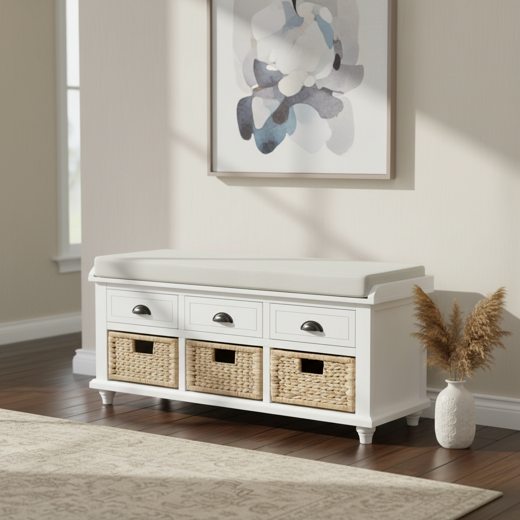 Frosty White Entryway Storage Bench with 3 Rattan Baskets & 3 Drawers