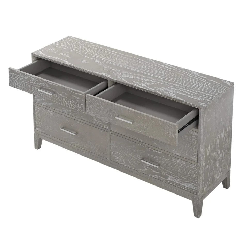 Six-Drawer Gray Wood Dresser with Tapered Legs and Pine Grain Veneer