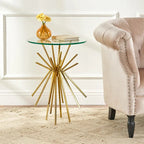 Round Glass and Gold Metal Side Table with Sunburst Base Design