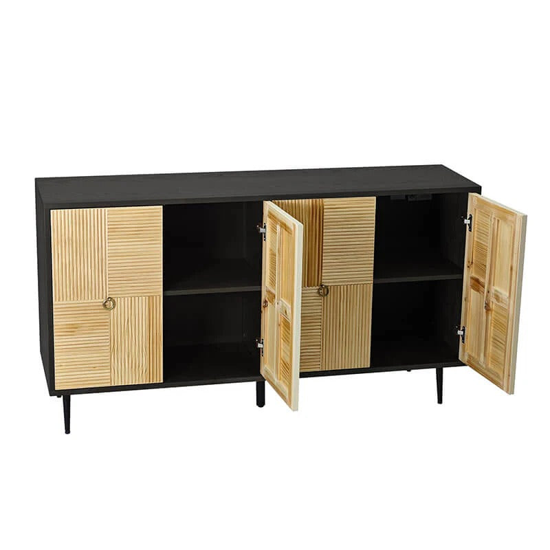 Four-Door Black Cabinet with Carved Pine Door Panels & Iron Hardware