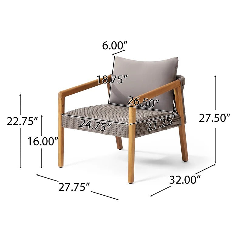 28" Grey Outdoor Club Chair with Acacia Wood Frame, PE Rattan Weave & Cushion