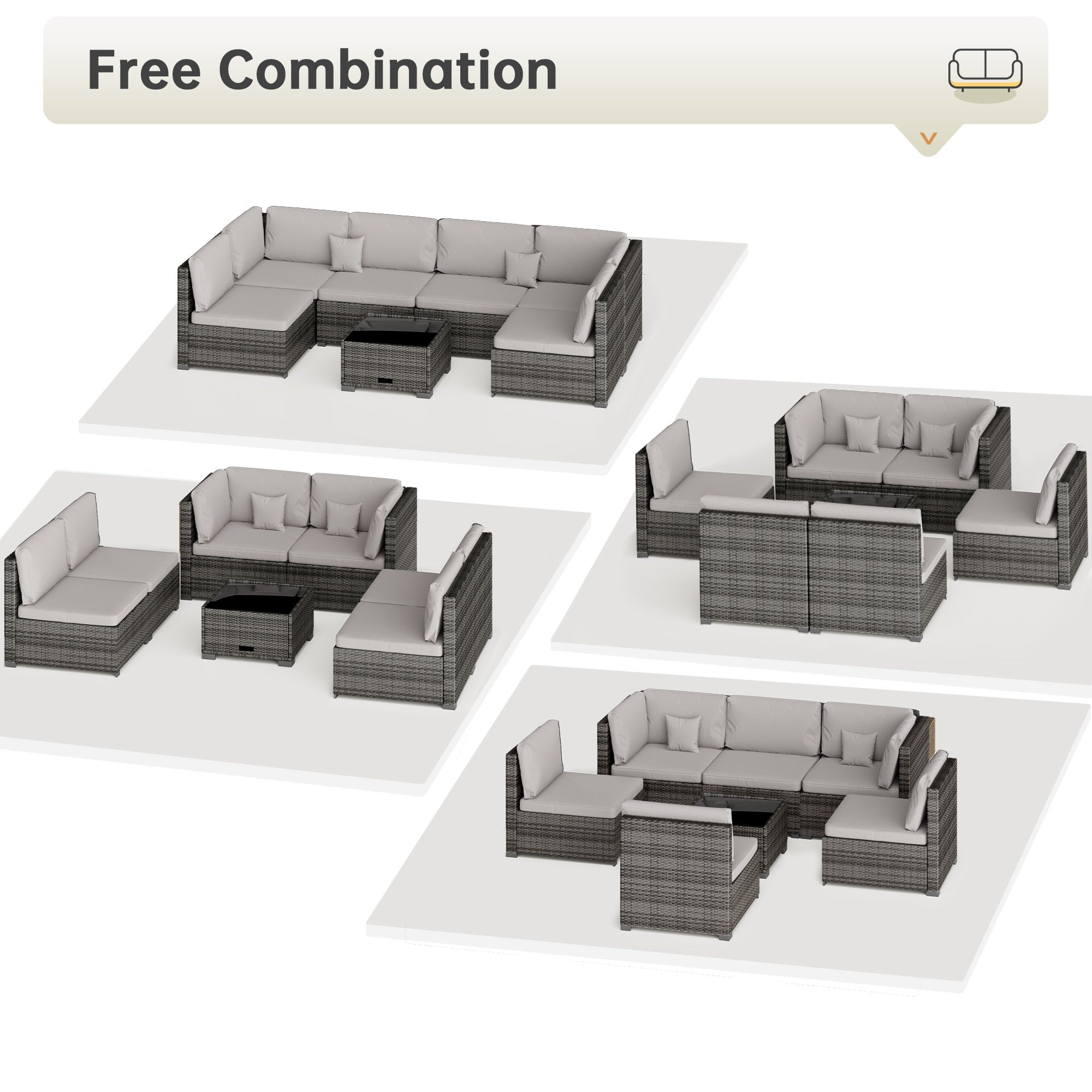 Graues 6-teiliges Gartenmöbelset aus Rattan mit wasserfesten Kissen