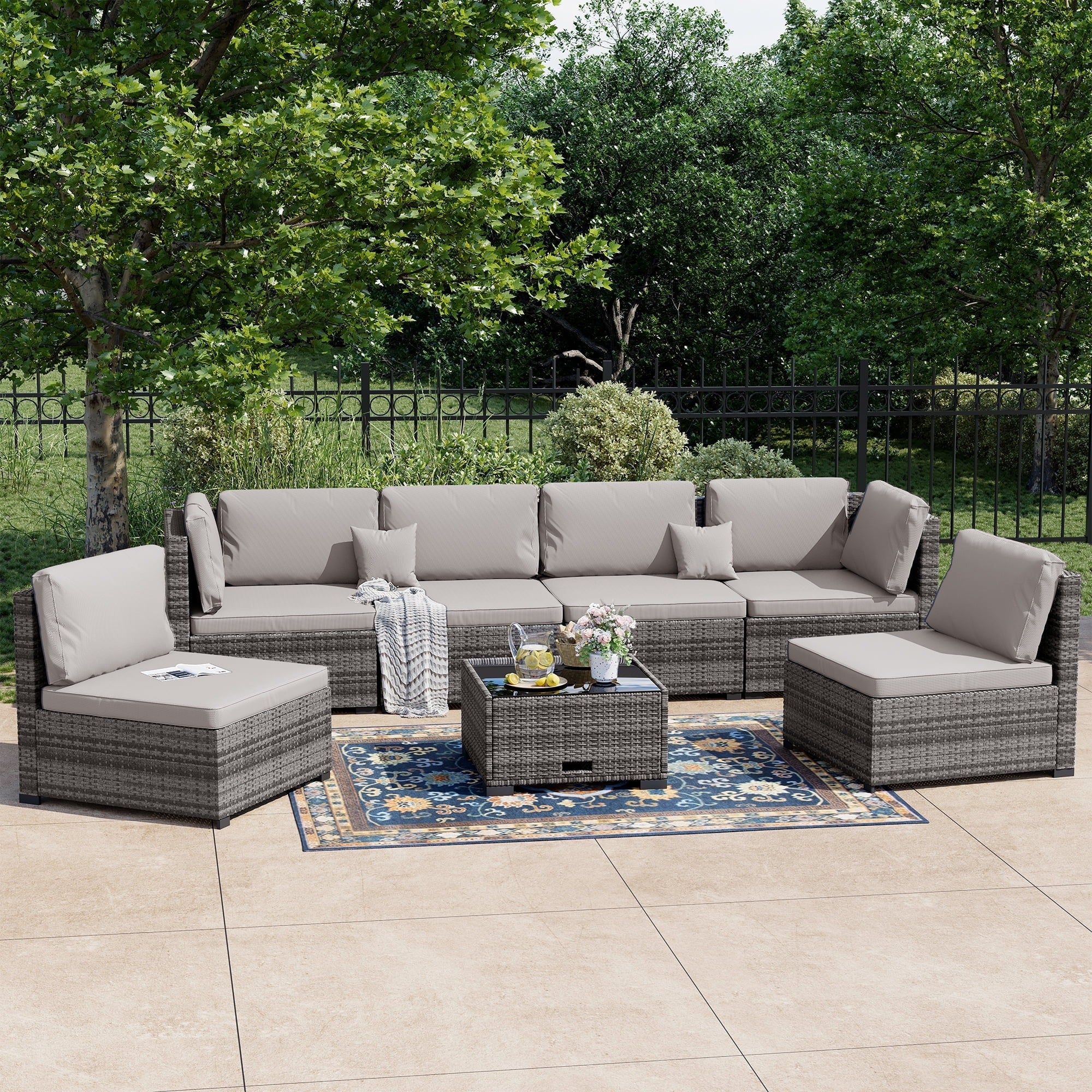 Gray Outdoor 6-Piece Rattan Patio Furniture Set with Waterproof Cushions