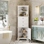 Tall White Bathroom Corner Cabinet with 3 Drawers & Adjustable Shelves