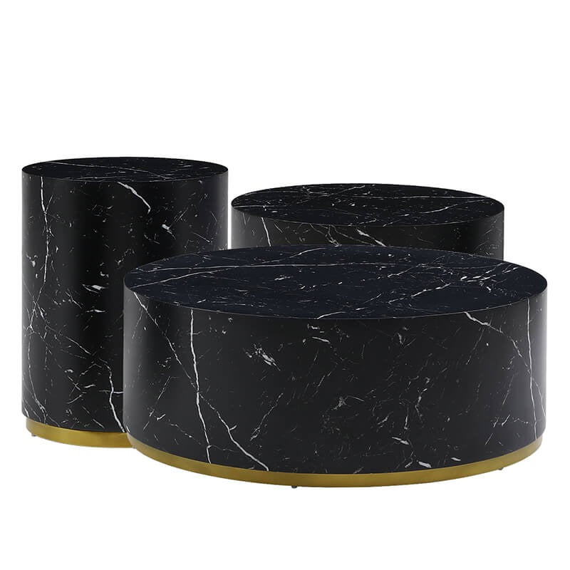 Set of 3 Black Marble Pattern Round Coffee Table - Fully Assembled
