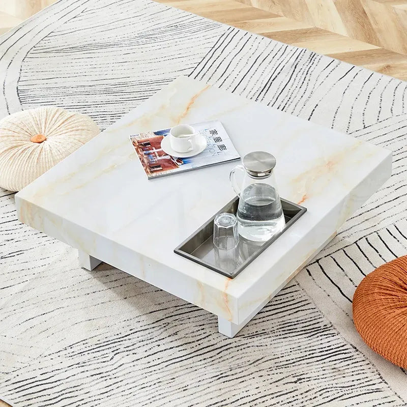 Square Faux Marble Coffee Table with Geometric Pattern in White and Beige