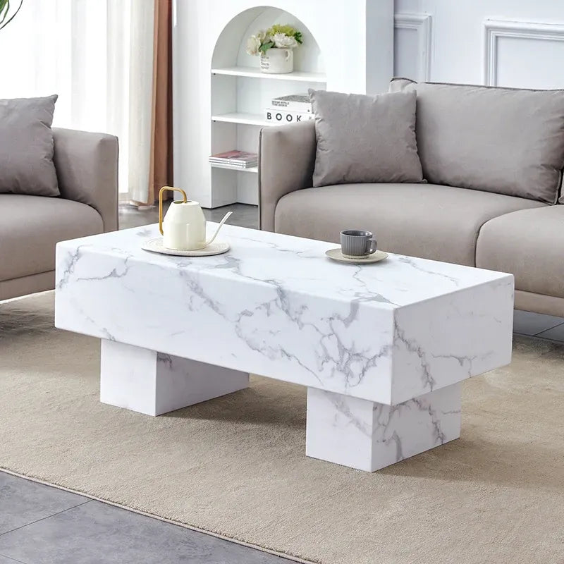 Rectangle Faux Marble Coffee Table with Storage in White and Black Pattern