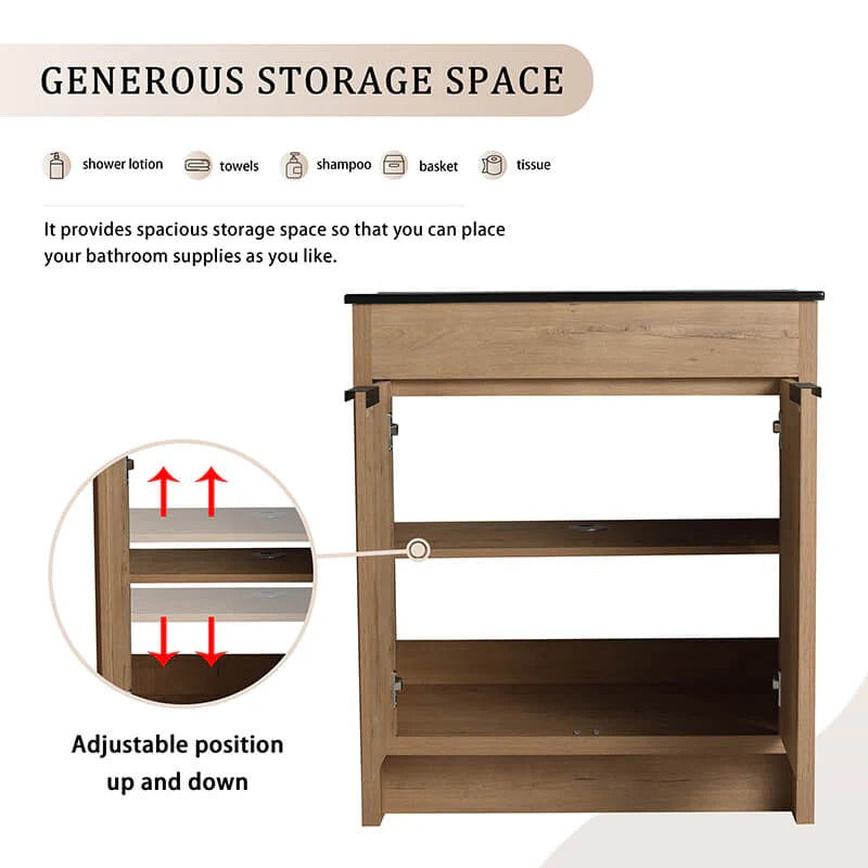 30" Freestanding Oak Bathroom Vanity with Black Ceramic Sink and Soft-Close Doors