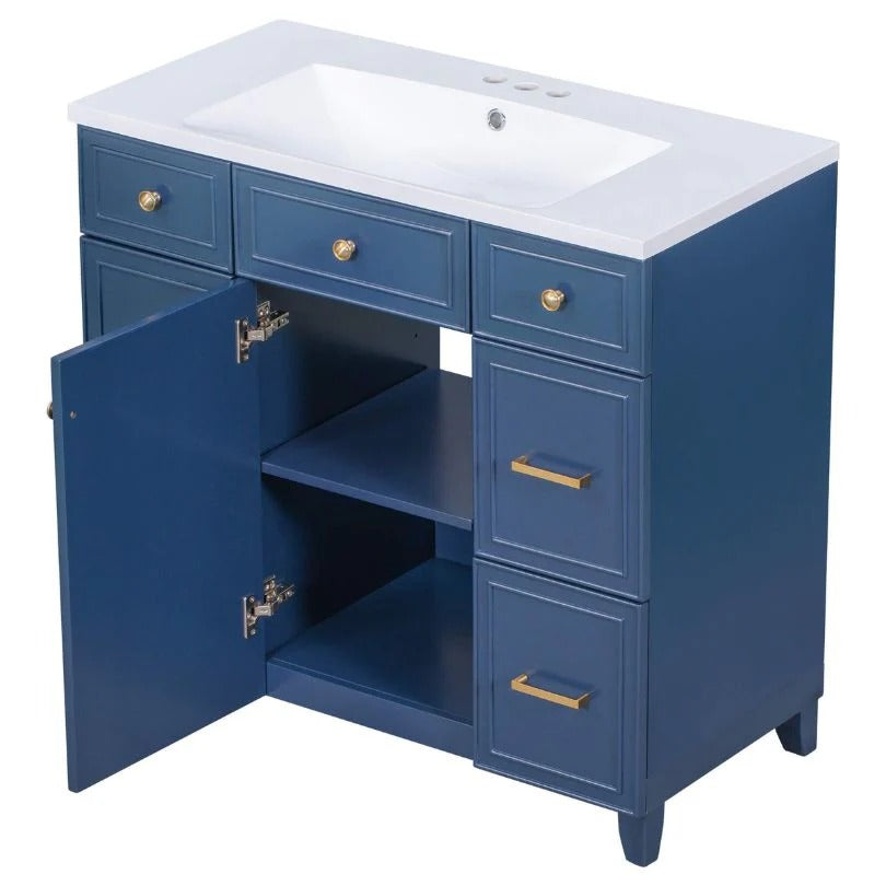 36" Navy Blue Bathroom Vanity with Resin Sink, 6 Drawers & Soft-Close Cabinet
