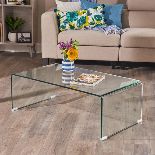 Clear bent tempered glass rectangular coffee table with modern design - Elirian