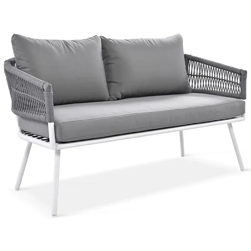 4-Piece Grey Woven Rope Outdoor Lounge Set with Acacia Wood Coffee Table