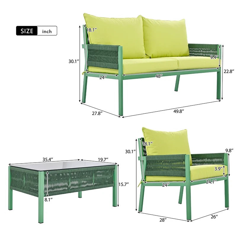 Yellow & Green 4-Piece Woven Rope Patio Set with Tempered Glass Coffee Table