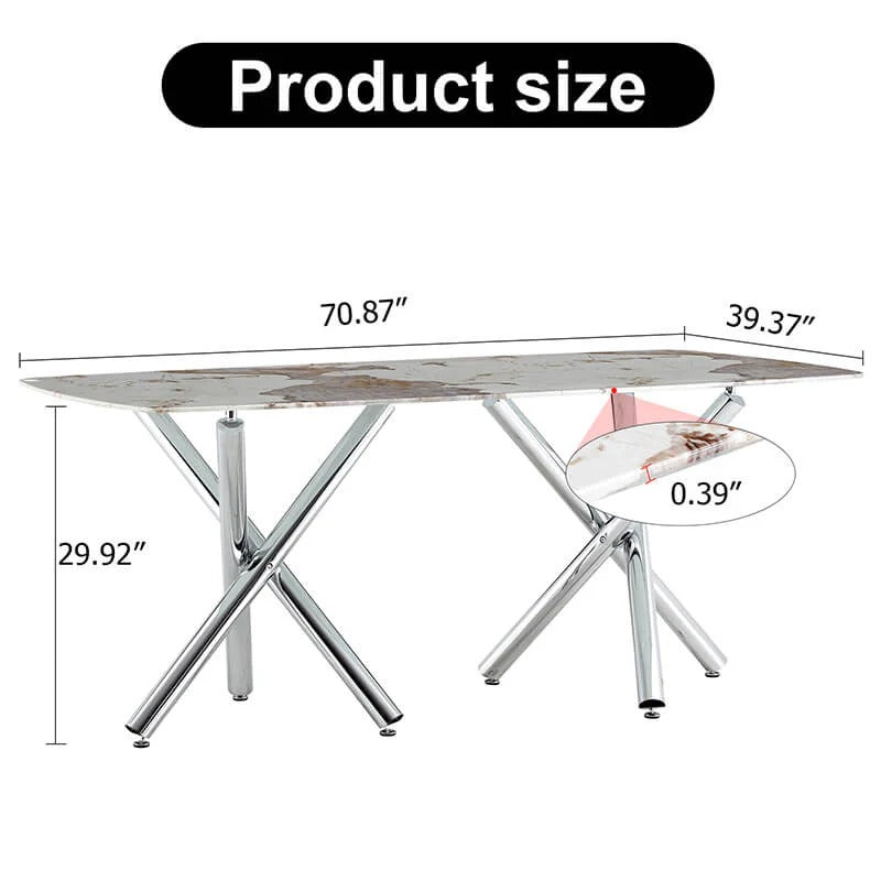 70.87" White Faux Marble Rectangular Dining Table with Silver Chrome Legs