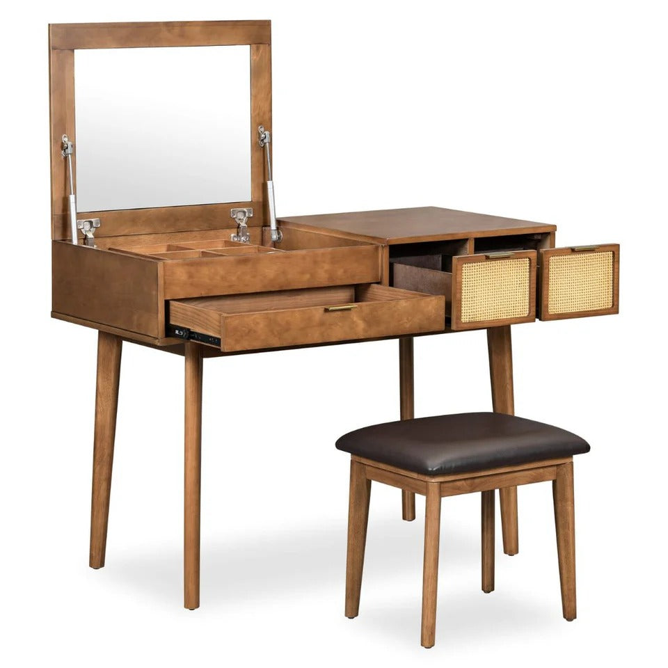 43" Brown Classic Makeup Vanity Set with Flip-Top Mirror & Upholstered Stool