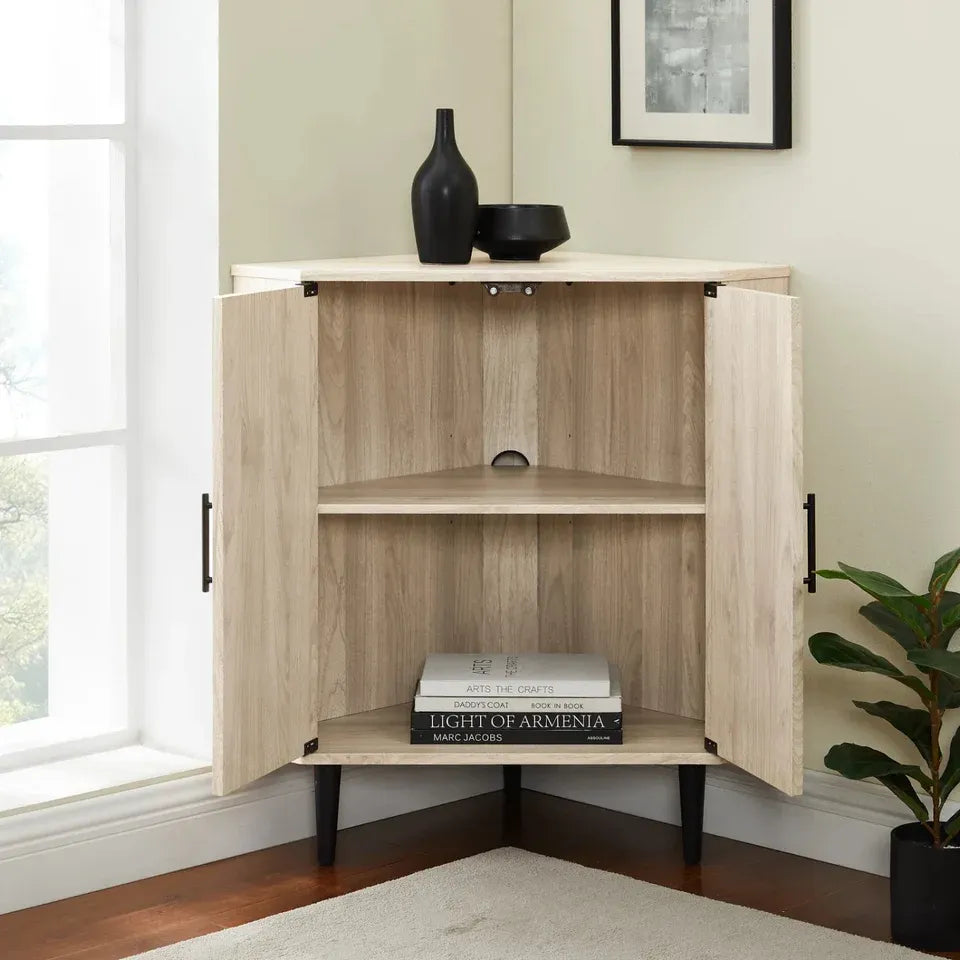 Off-White Triangular Corner Cabinet with 2 Doors & Adjustable Shelf