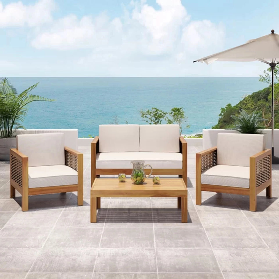 Modern Acacia Wood 4-Piece Patio Set with Wicker Accents in Teak & Beige