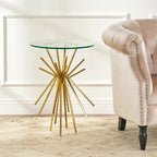 Round Glass and Gold Metal Side Table with Sunburst Base Design