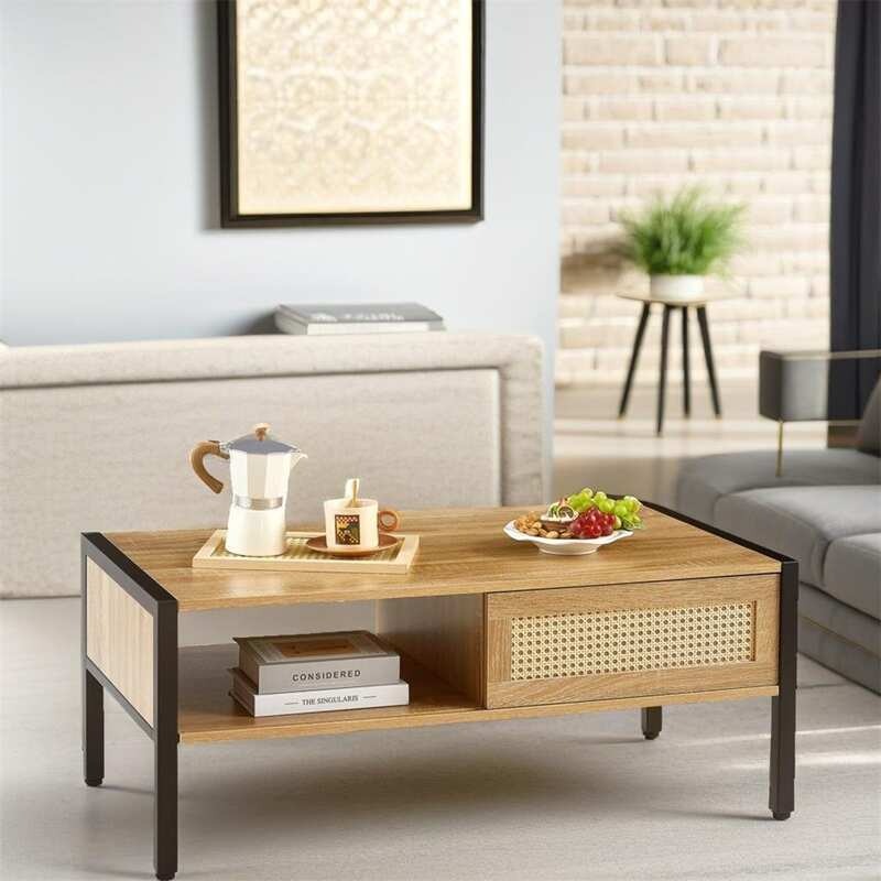 Modern Natural Rattan Coffee Table with Sliding Door Storage & Black Metal Legs