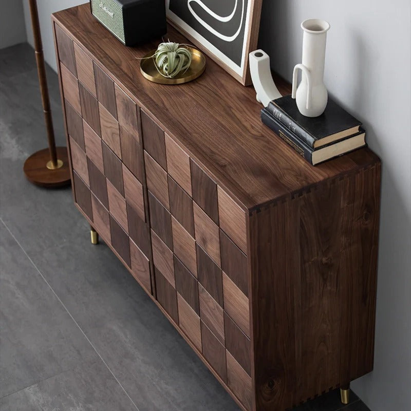 Solid Walnut 10-Drawer Dresser with Geometric Tile Front & Gold-Tone Legs