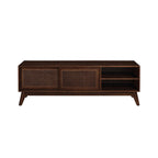 Mid-century modern walnut TV stand with rattan doors and open shelving - Elirian