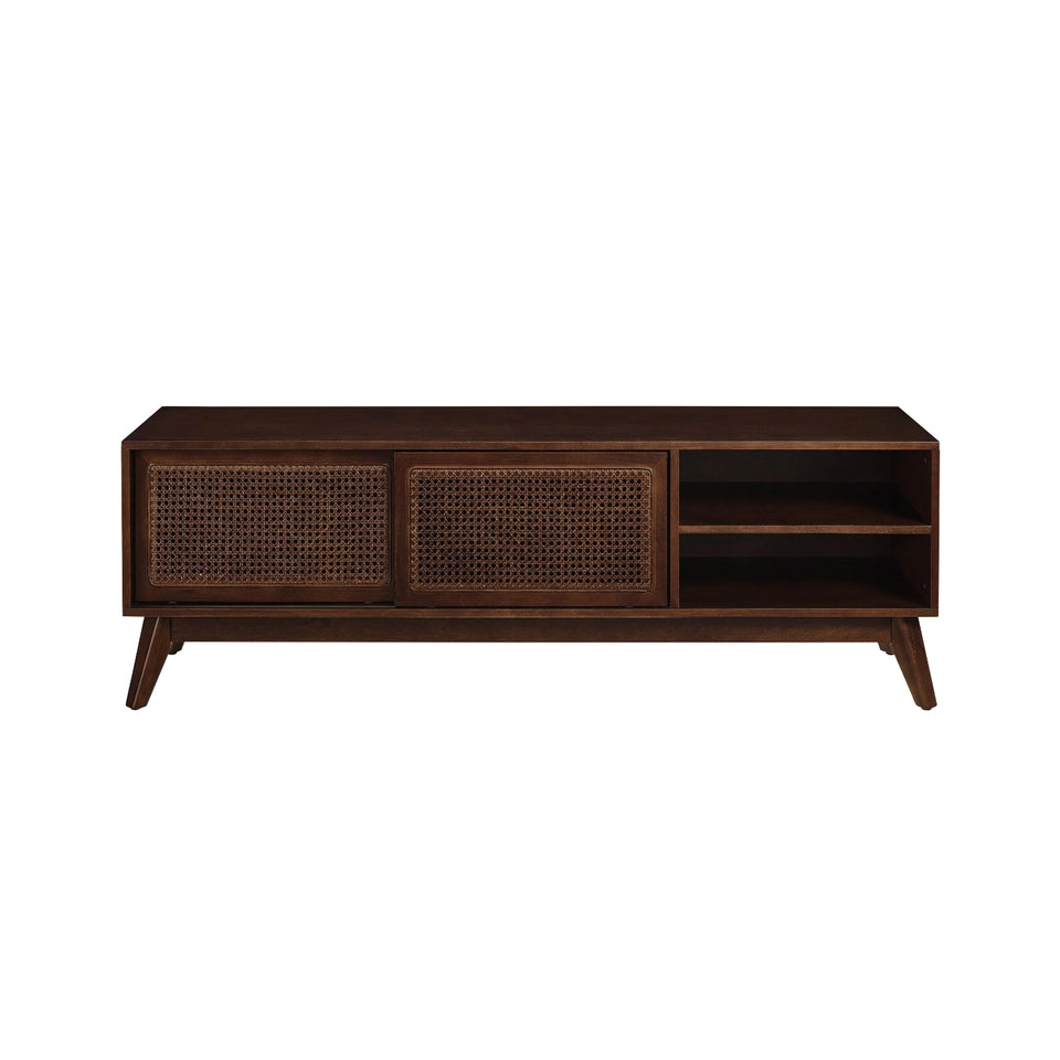Mid-century modern walnut TV stand with rattan doors and open shelving - Elirian