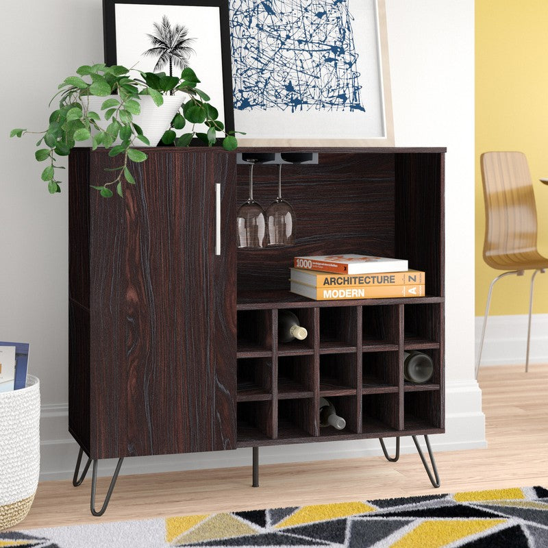 Mid-Century Brown Rectangular Wine Cabinet with 15 Wine Cubbies & Stor ...