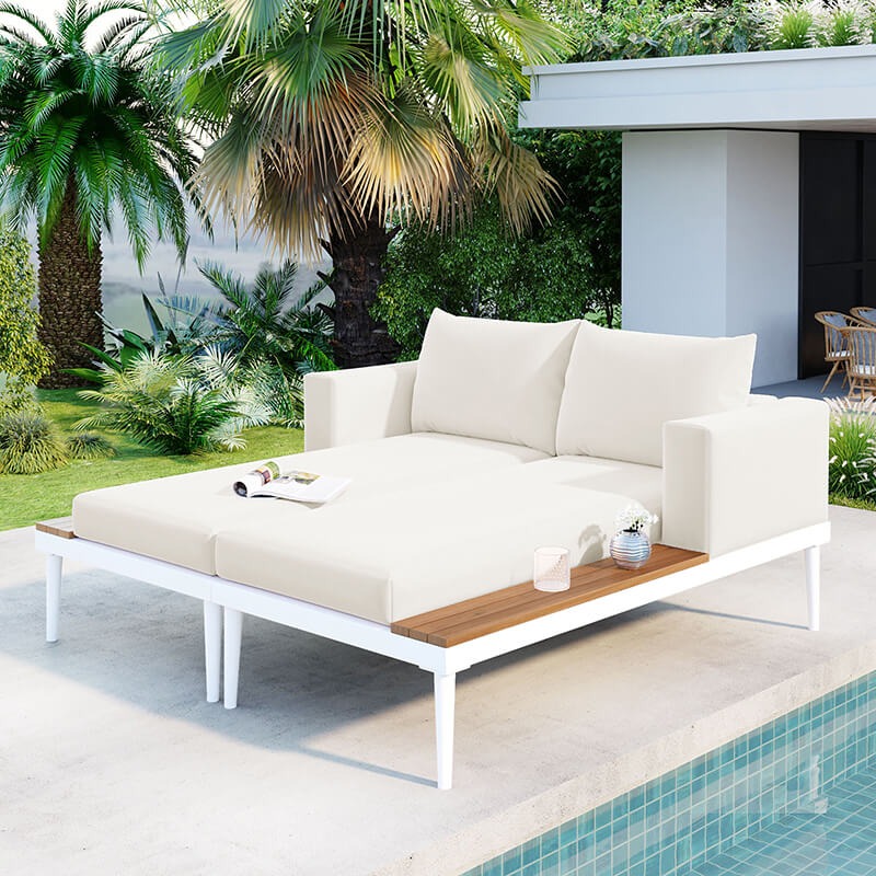 Modern Beige 2-in-1 Outdoor Patio Daybed with Wood Topped Side Space
