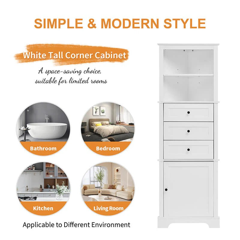 Tall White Bathroom Corner Cabinet with 3 Drawers & Adjustable Shelves