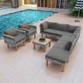 9-Piece Gray Rattan Patio Conversation Set with Acacia Wood Legs & Cushions