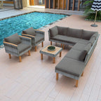 9-Piece Gray Rattan Patio Conversation Set with Acacia Wood Legs & Cushions