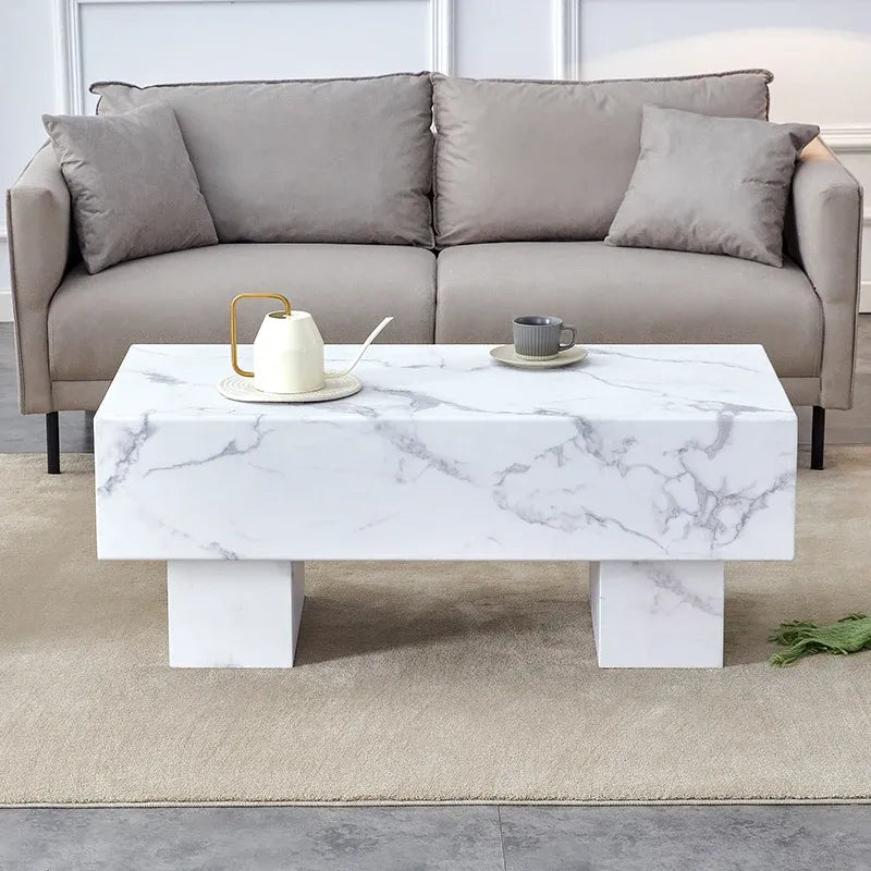 Rectangle Faux Marble Coffee Table with Storage in White and Black Pattern