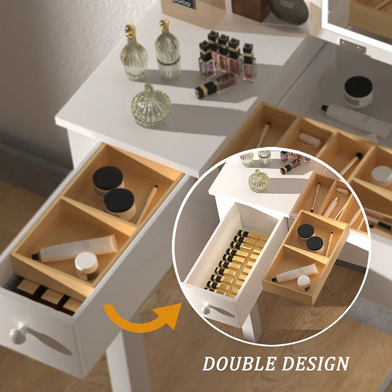 White makeup vanity with LED mirror, dual drawers and organized storage compartments - Elirian