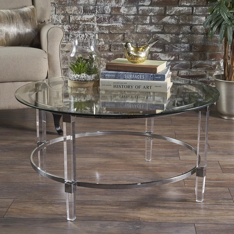 Round Clear Glass Coffee Table with Acrylic and Iron Accents in Modern Design