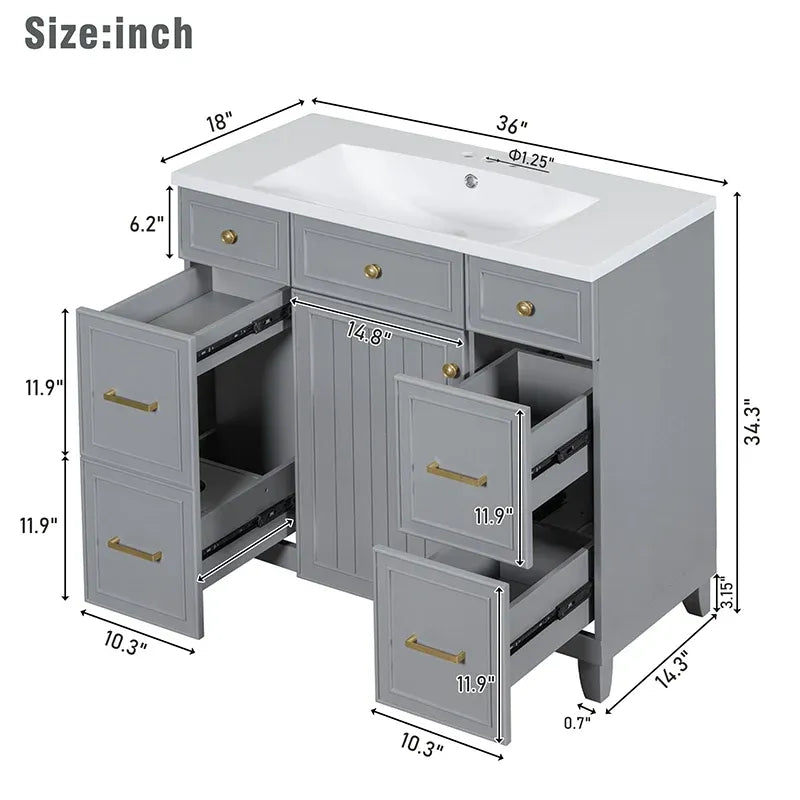 36" Freestanding Grey Bathroom Vanity with Sink, Soft-Close Door & Drawers