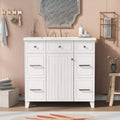 36" White Bathroom Vanity with Resin Sink, 6 Drawers & Soft-Close Cabinet