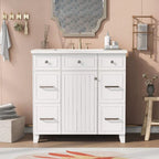 36" White Bathroom Vanity with Resin Sink, 6 Drawers & Soft-Close Cabinet