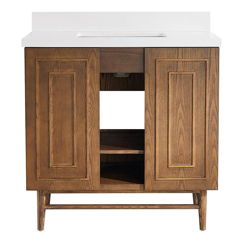 36" Natural Oak Bathroom Vanity with Marble Top & Soft-Close Doors