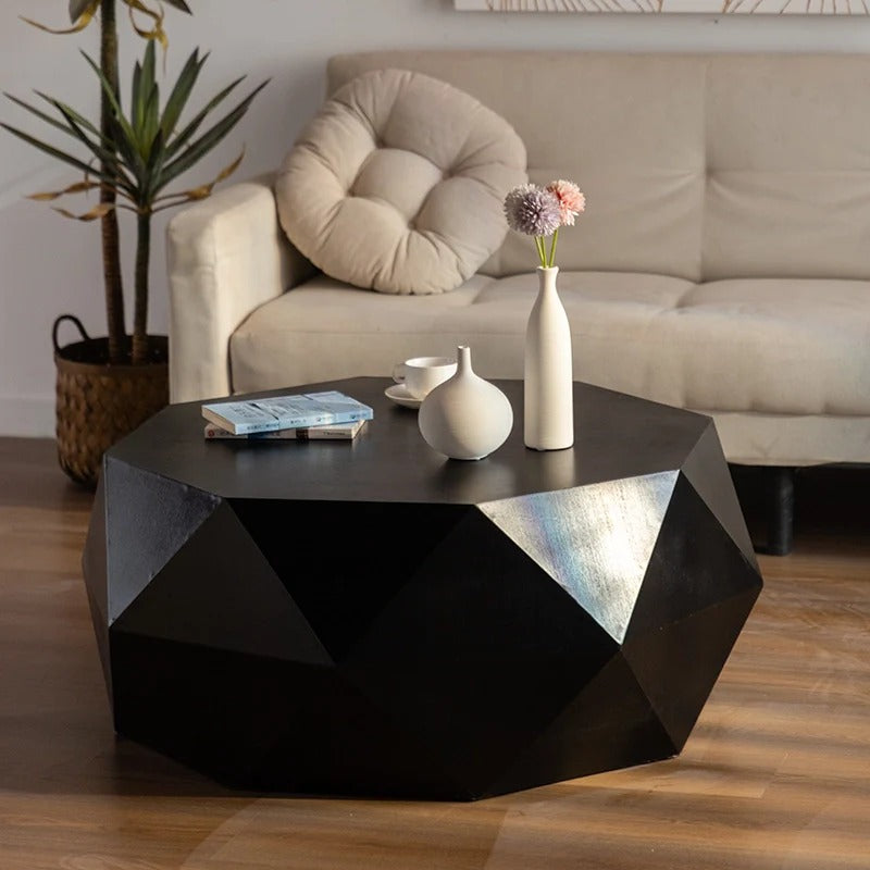 38" Black Geometric Coffee Table with 3D Embossed Surface