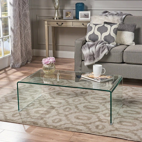 Modern glass coffee table with bent tempered glass design in contemporary living room - Elirian