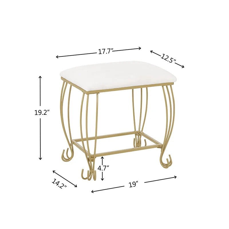 57" White Makeup Vanity Set with Gold Legs, Mirror, 2 Drawers & Stool