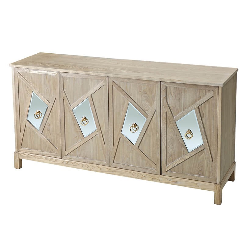Modern 4-Door Storage Cabinet with Mirrored Decorative Doors & Shelves