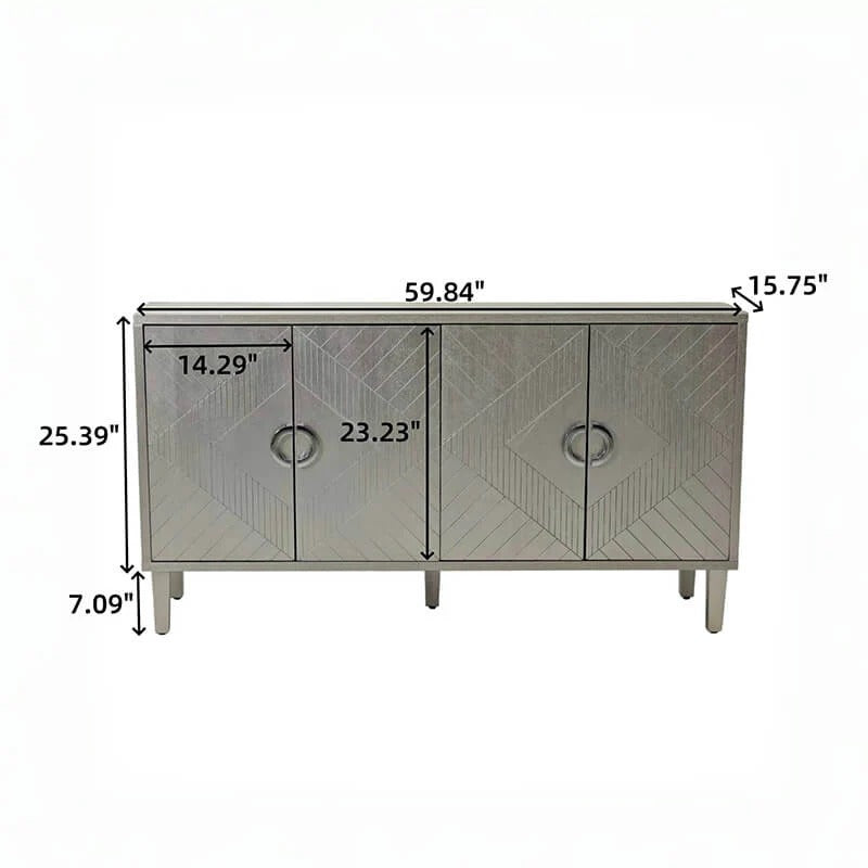 Modern Champagne Four-Door Cabinet with Pine Legs and Four Shelves