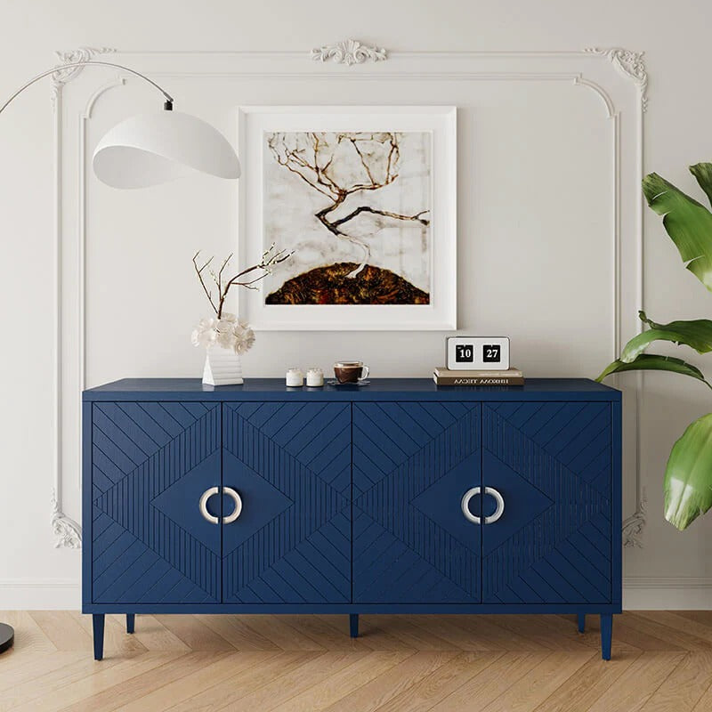 Modern Navy Blue Four-Door Cabinet with Pine Legs and Four Shelves