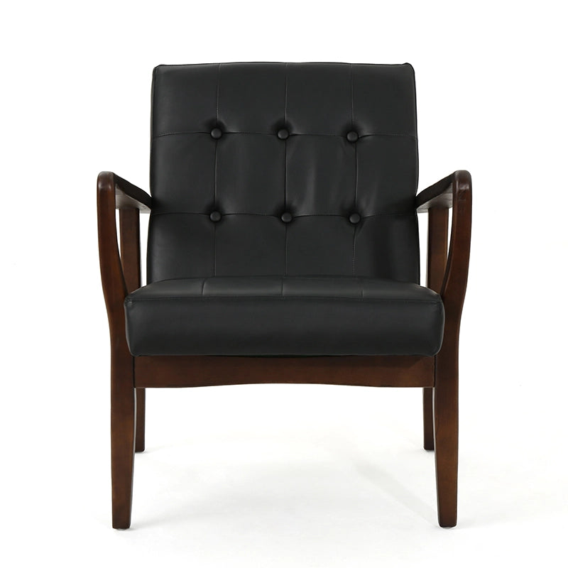 Fauteuil d'appoint en similicuir noir style milieu du siècle avec structure en bois