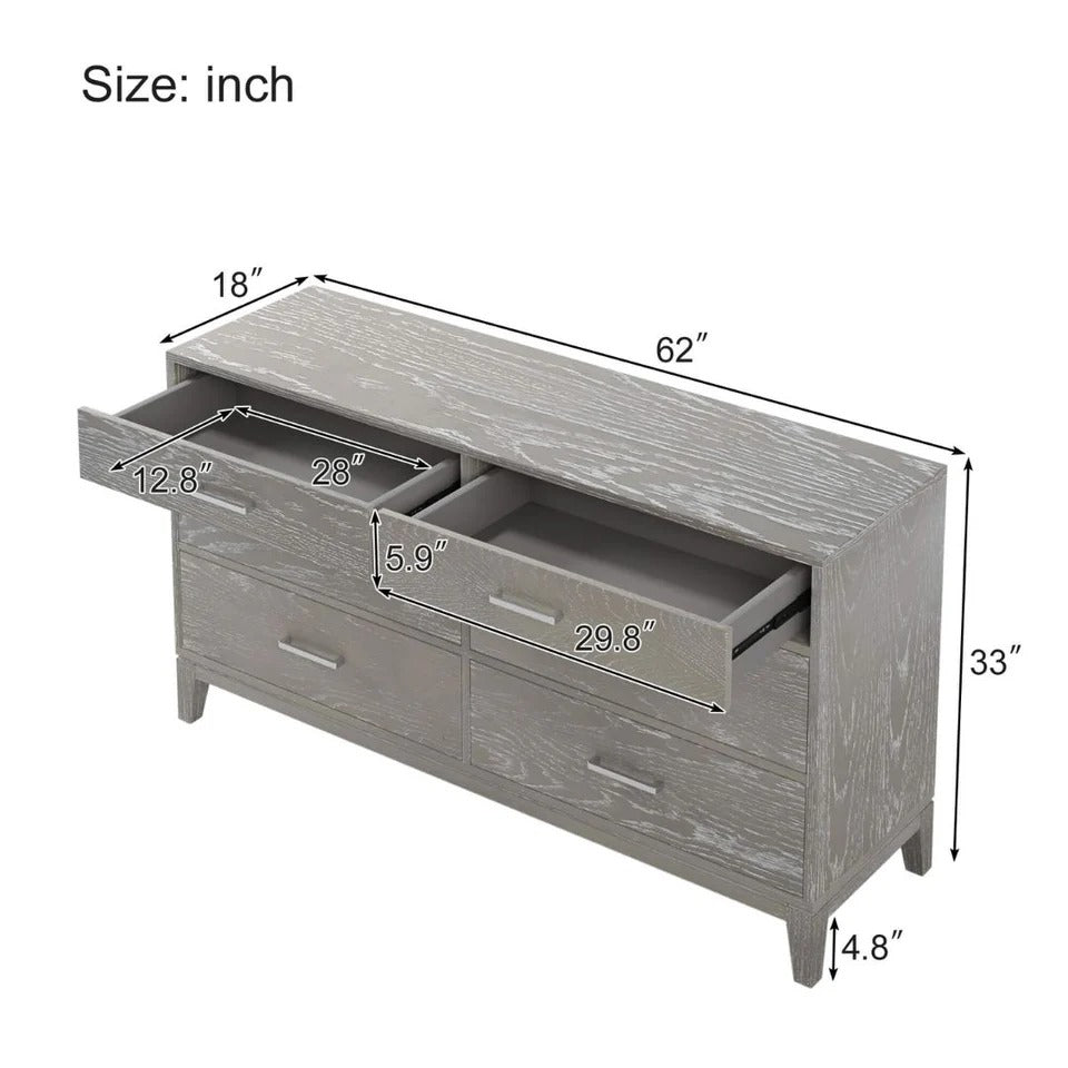 Six-Drawer Gray Wood Dresser with Tapered Legs and Pine Grain Veneer