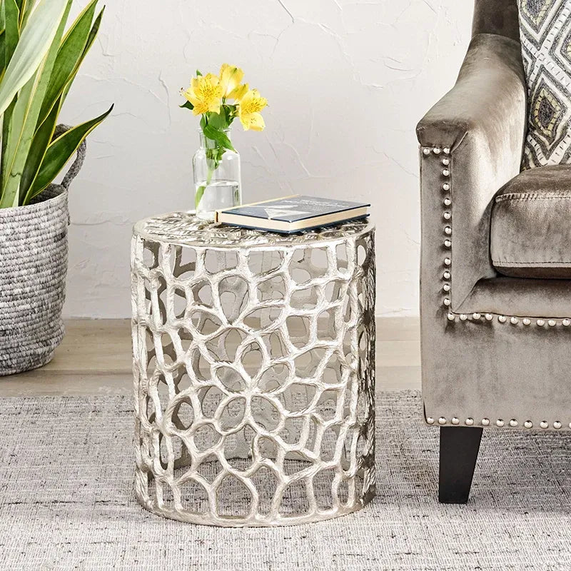 Round Aluminum Side Table with Mesh Pattern in Nickel Finish