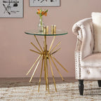 Round Glass and Gold Metal Side Table with Sunburst Base Design